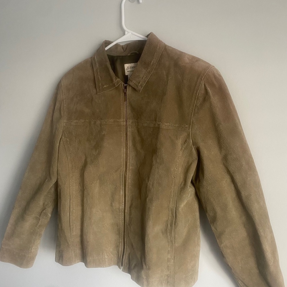 St. John's Bay Genuine Suede Olive Green Brown Zip Up Jacket Size Large